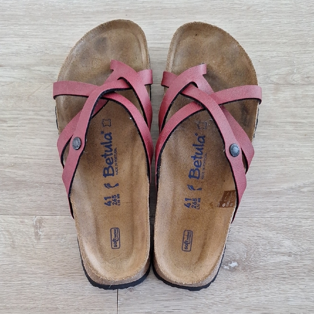 Size 10 Betula By Birkenstock Red and Brown Sandals with Contoured Cork Footbed